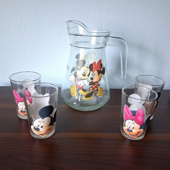 Disney Other - Disney Mickey Minnie Mouse Pitcher And Glasses Set Juice Water Drink Glass Kids